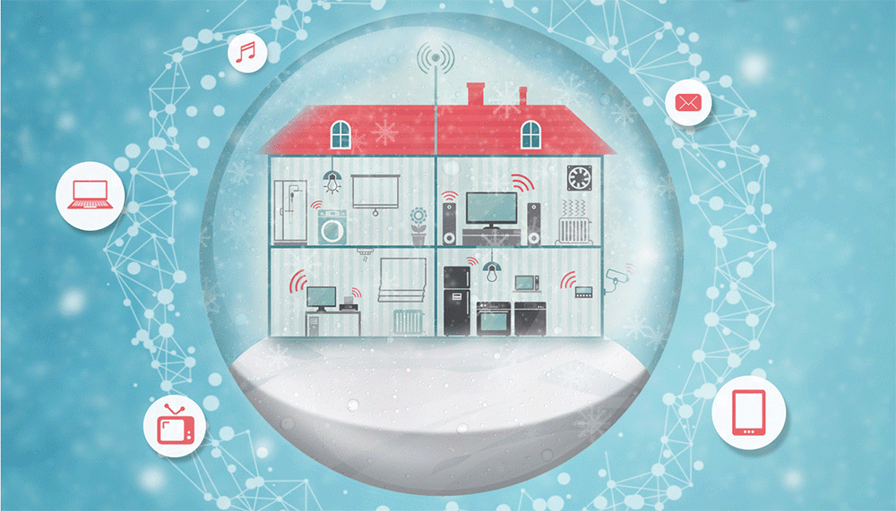 House inside snow globe surrounded by tech icons